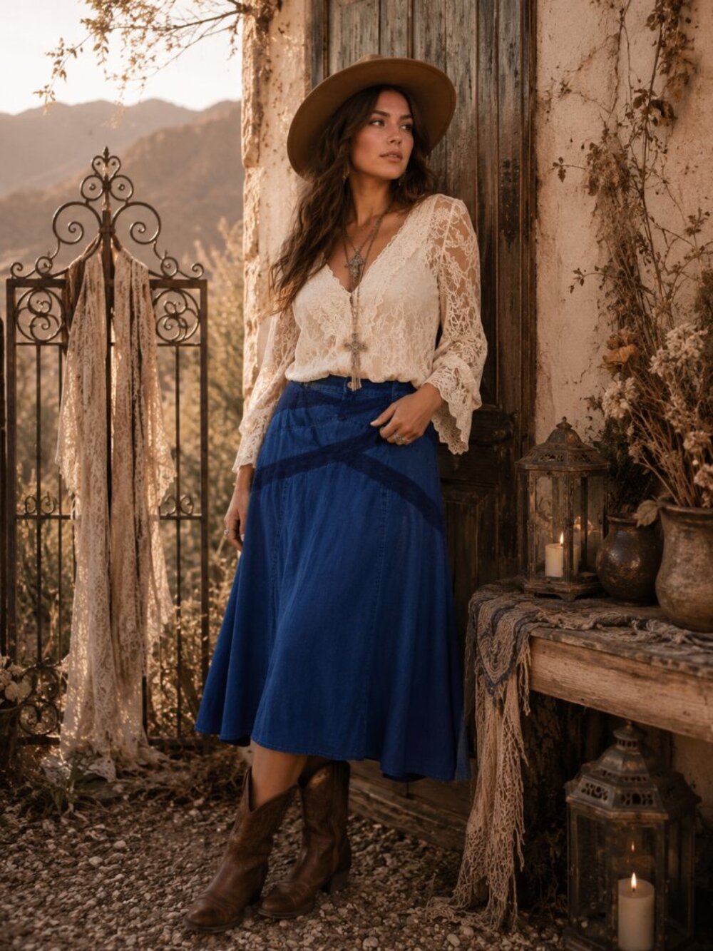 Vintage Requirements Denim Crochet Maxi Skirt